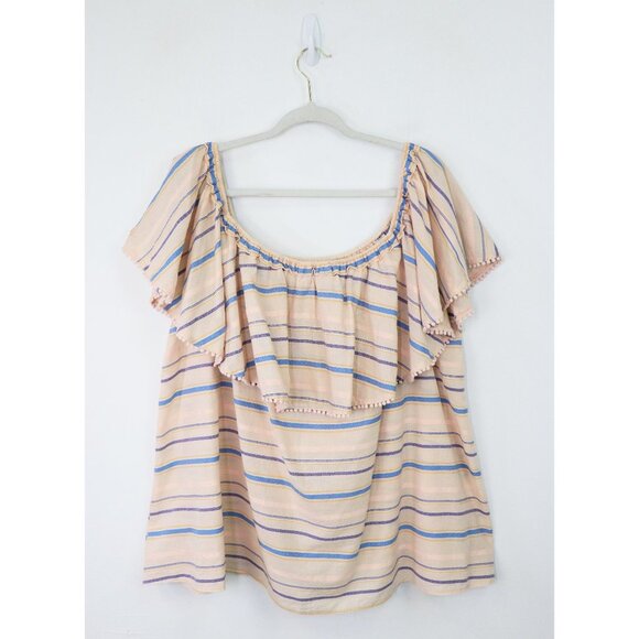 Lane Bryant Off The Shoulder Pom Top Stripe Flounce Overlay Blouse Beige 26 / 28 - Picture 3 of 7